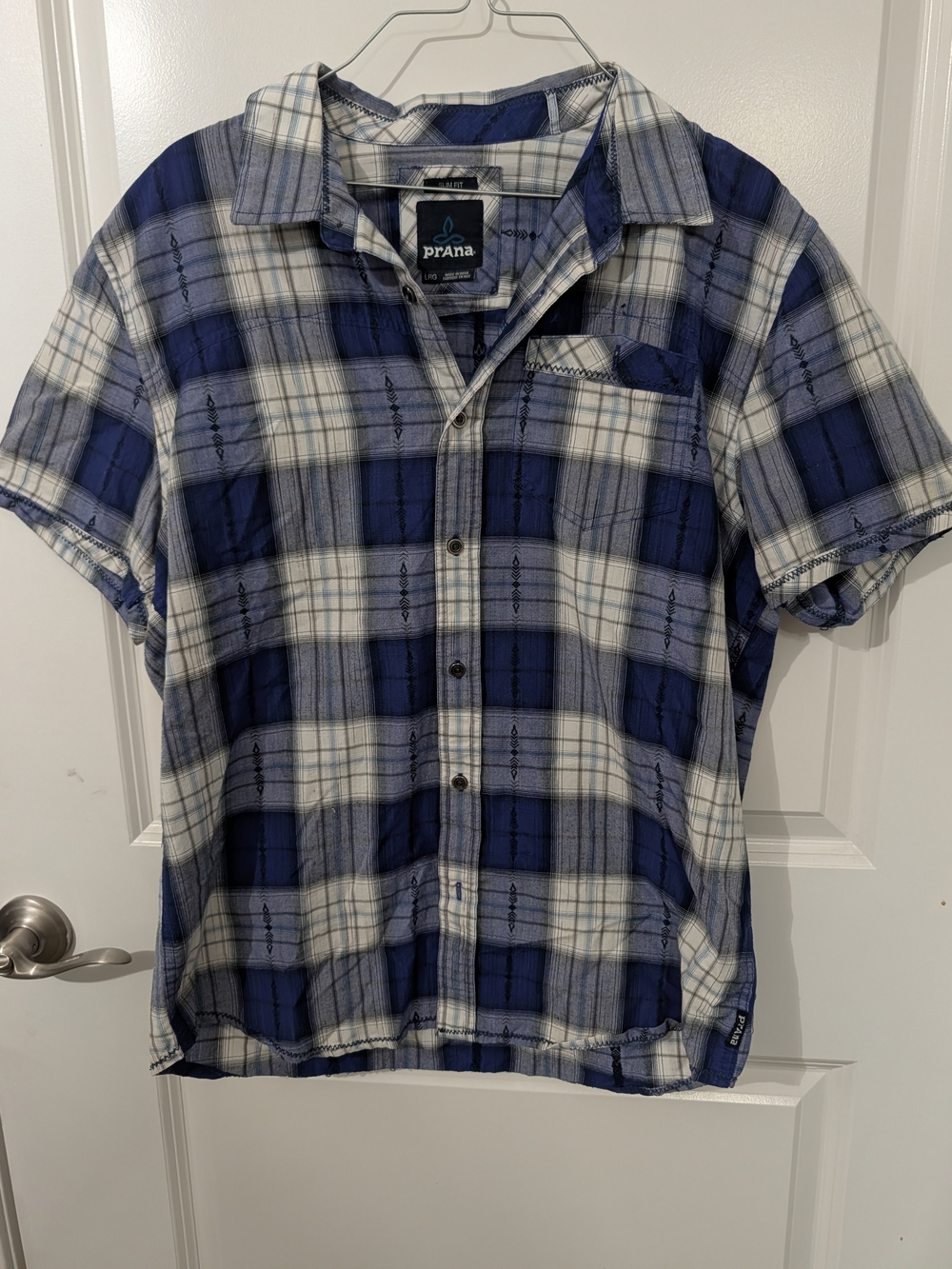 Prana Blue and White Plaid Short-Sleeve Button-Up Shirt